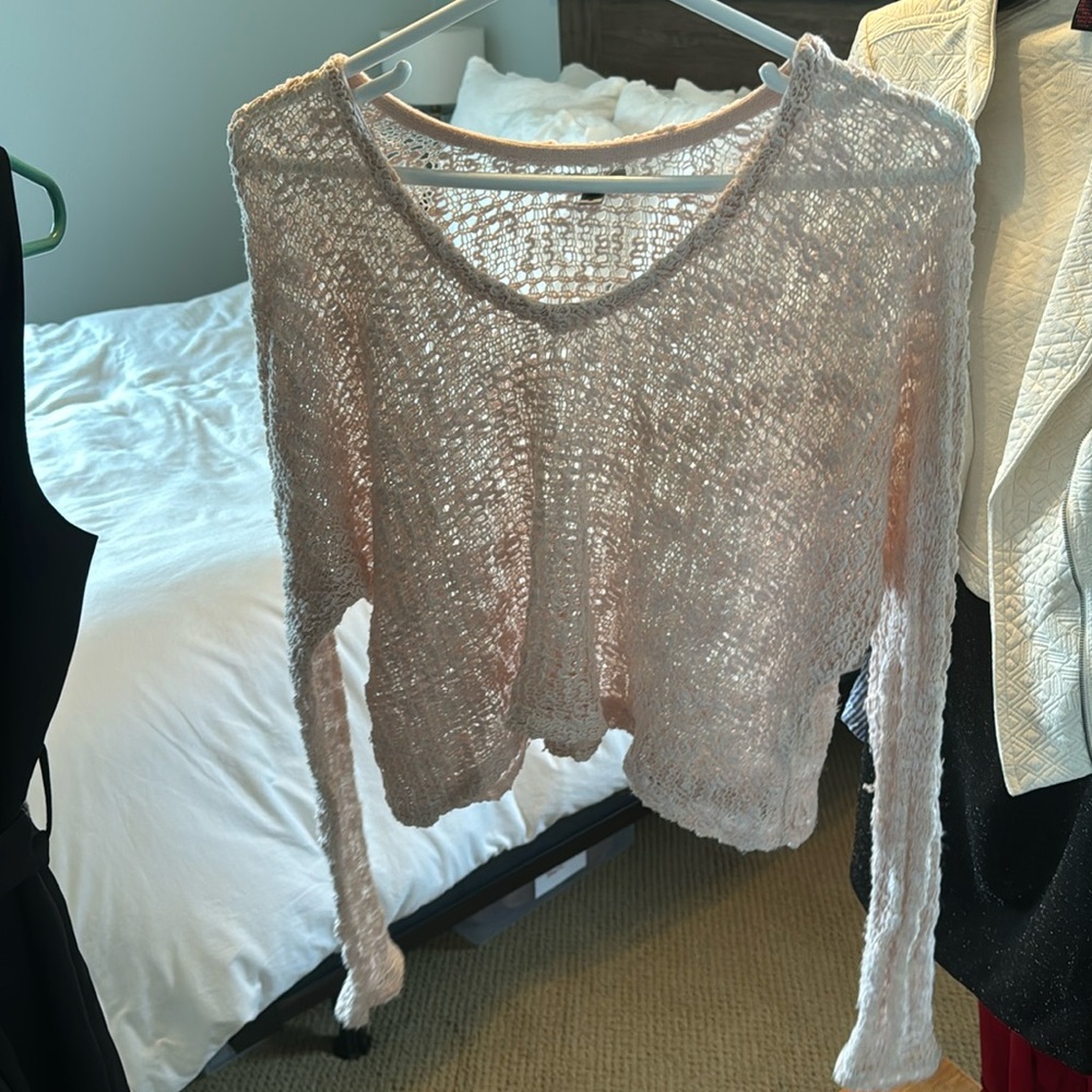 beautiful lightweight pink crocheted sweater